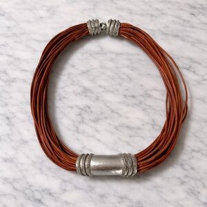 Multi-Strand Brown Cord Necklace w/ Silver-Tone Barrel Clasp